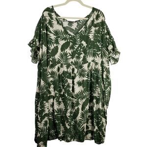 BloomChic Size 22 Ruffle Sleeve Midi Dress Green‎ Tropical Palm Print Beach